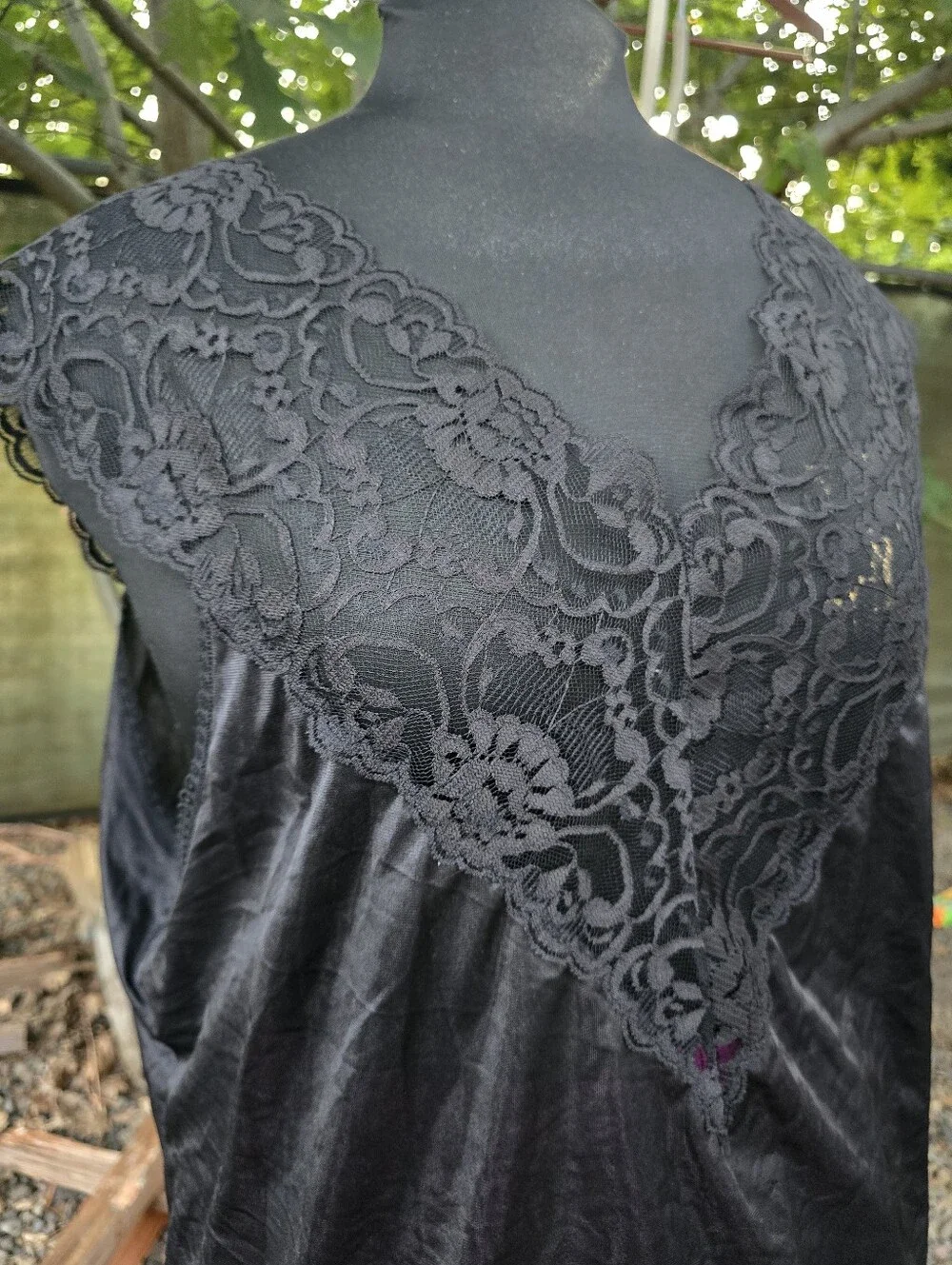 Vtg 80's Black V-Neck Nylon Lace Lingerie Top Dark Romance Old Hollywood Glam